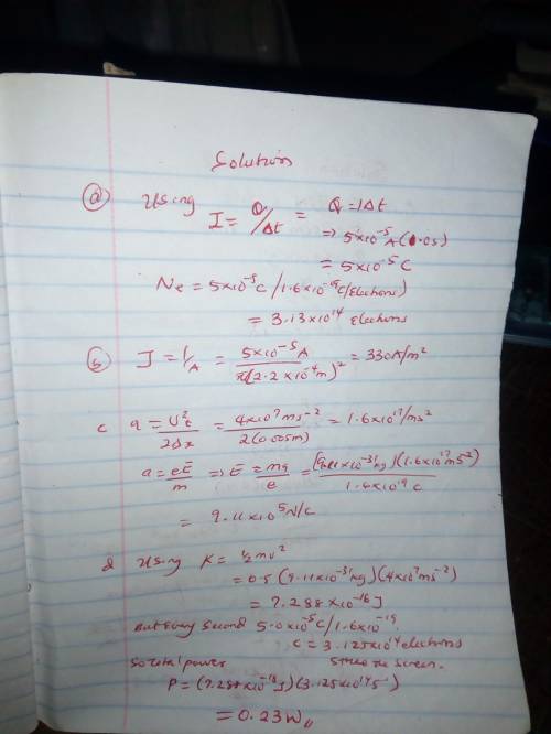 The electron beam inside a television picture tube is 0.40 {\rm mm} in diameter and carries a curren