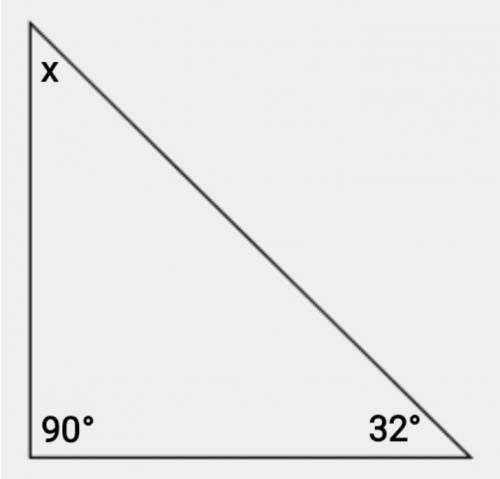 A triangle has interior measures of 32° and 90°. What is the measure of the third angle?