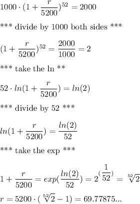 1000\cdot (1+\dfrac{r}{5200})^{52}=2000\\\\\text{*** divide by 1000 both sides ***}\\\\(1+\dfrac{r}{5200})^{52}=\dfrac{2000}{1000}=2\\\\\text{*** take the ln **}\\\\52\cdot ln(1+\dfrac{r}{5200})=ln(2)\\\\\text{*** divide by 52 ***}\\\\ln(1+\dfrac{r}{5200})=\dfrac{ln(2)}{52}\\\\\text{*** take the exp ***}\\\\\displaystyle 1+\dfrac{r}{5200}=exp(\dfrac{ln(2)}{52})=2^{(\dfrac{1}{52})}=\sqrt[52]{2}\\\\r = 5200\cdot (\sqrt[52]{2}-1)=69.77875...