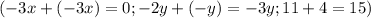 (-3x +(-3x) = 0; -2y +(-y) = -3y; 11 + 4 = 15)