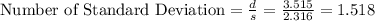 \text{Number of Standard Deviation}=\frac{d}{s}=\frac{3.515}{2.316}=1.518