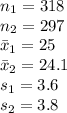 n_{1}=318\\n_{2}=297\\\bar x_{1}=25\\\bar x_{2}=24.1\\s_{1}=3.6\\s_{2}=3.8