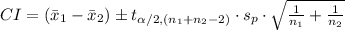 CI=(\bar x_{1}-\bar x_{2})\pm t_{\alpha/2, (n_{1}+n_{2}-2)}\cdot s_{p}\cdot\sqrt{\frac{1}{n_{1}}+\frac{1}{n_{2}}}