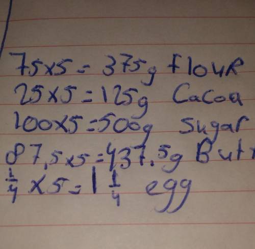 To make a chocolate sponge cake for 8 people you need:

300g flour100g cocoa400g sugar350g butter1 e