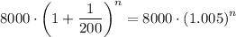 8000\cdot \left(1+ \dfrac{1}{200}\right)^n=8000\cdot \left(1.005\right)^n