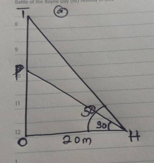 A point H is 20m away from the foot of a tower on the same horizontal ground. From the point H, the