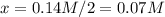 x=0.14M/2=0.07M