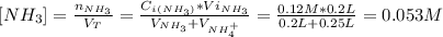 [NH_{3}] = \frac{n_{NH_{3}}}{V_{T}} = \frac{C_{i}_{(NH_{3})}*Vi_{NH_{3}}}{V_{NH_{3}} + V_{NH_{4}^{+}}} = \frac{0.12 M*0.2 L}{0.2 L + 0.25 L} = 0.053 M