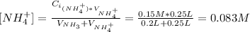 [NH_{4}^{+}] = \frac{C_{i}_{(NH_{4}^{+})*V_{NH_{4}^{+}}}}{V_{NH_{3}} + V_{NH_{4}^{+}}} = \frac{0.15 M*0.25 L}{0.2 L + 0.25 L} = 0.083 M