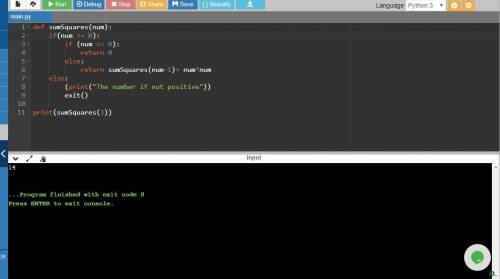 Write a recursive function sumSquares(num) that given an integer num, returns the sum of squares of