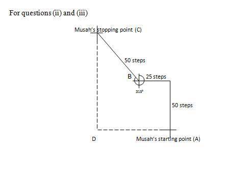 Musah stands at the centre of a rectangular field. He first takes 50 steps north, then 25 steps

wes