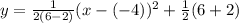 y = \frac{1}{2(6 - 2)}(x - (-4))^2 + \frac{1}{2}(6 + 2)