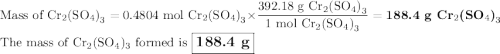 \text{Mass of Cr$_{2}$(SO$_{4}$)}_{3} = \text{0.4804 mol Cr$_{2}$(SO$_{4}$)}_{3} \times \dfrac{\text{392.18 g Cr$_{2}$(SO$_{4}$)}_{3}}{\text{1 mol Cr$_{2}$(SO$_{4}$)}_{3}} = \textbf{188.4 g Cr$_{2}$(SO$_{4}$)}_{3}\\\text{The mass of Cr$_{2}$(SO$_{4}$)$_{3}$ formed is $\large \boxed{\textbf{188.4 g}}$}