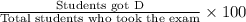 \frac{\text{Students got D}}{\text{Total students who took the exam}}\times 100