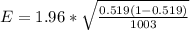 E = 1.96 *  \sqrt{ \frac{ 0.519 (1- 0.519 )}{1003} }