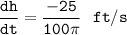 \mathtt{\dfrac{dh}{dt}  = \dfrac{-25}{100  \pi} \  \ ft/s}