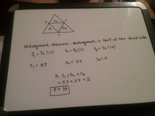 Atriangles has side lengths of 7, 10 and 11 what is the perimeter of the triangle formed by joining 