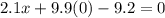 2.1x + 9.9(0) - 9.2 = 0