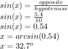 sin(x)=\frac{opposite}{hypotenuse} \\sin(x)=\frac{5.4}{10} \\sin(x)=0.54\\x=arcsin(0.54)\\x= 32.7^o