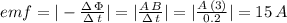 emf=|-\frac{\Delta\,\Phi}{\Delta \,t} |=|\frac{A\,B}{\Delta \,t}|=|\frac{A\,(3)}{0.2}|=15\,A