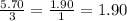 \frac{5.70}{3}=\frac{1.90}{1}=1.90