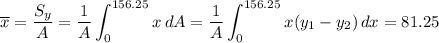 \displaystyle \overline{x}=\dfrac{S_y}{A}=\dfrac{1}{A}\int_0^{156.25}{x}\,dA=\dfrac{1}{A}\int_0^{156.25}{x(y_1-y_2)}\,dx=81.25