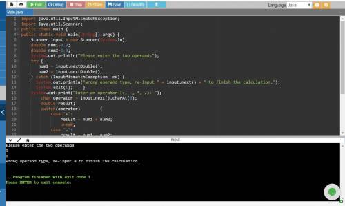 Write a simple command-line calculator with an exception handler that deals with nonnumeric operands