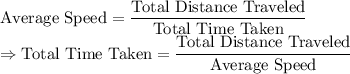 \text{Average Speed} = \dfrac{\text{Total Distance Traveled}}{\text{Total Time Taken}}\\\Rightarrow \text{Total Time Taken} = \dfrac{\text{Total Distance Traveled}}{\text{Average Speed}}\\