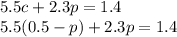 5.5c+2.3p=1.4\\5.5(0.5-p)+2.3p=1.4