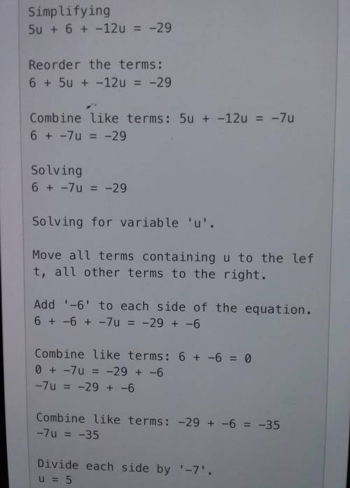-29 = 5u+ 6-12u solve for u