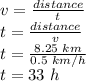 v=\frac{distance}{t} \\t=\frac{distance}{v} \\t=\frac{8.25\,\,km}{0.5 \,\,km/h} \\t = 33 \,\,h