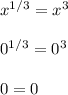 x^{1/3} = x^3\\\\0^{1/3} = 0^3\\\\0 = 0