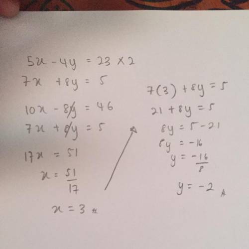 9. Margie and Glenn are trying to solve the following system of equations.

5x - 4y= 23
7x + 8y = 5