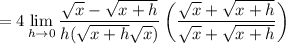\displaystyle = 4\lim_{h\to 0}\frac{\sqrt x-\sqrt{x+h}}{h(\sqrt{x+h}\sqrt{x}) }\left(\frac{\sqrt x +\sqrt{x+h}}{\sqrt x +\sqrt{x+h}\right)}