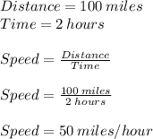 Distance = 100\: miles\\Time = 2\:hours\\\\Speed = \frac{Distance}{Time} \\\\Speed = \frac{100\:miles}{2\:hours}\\\\ Speed = 50\:miles/hour