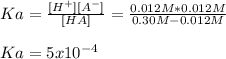 Ka=\frac{[H^+][A^-]}{[HA]} =\frac{0.012M*0.012M}{0.30M-0.012M}\\ \\Ka=5x10^{-4}