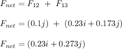 F_{net} = F_{12} \ + \ F_{13}\\\\F_{net} = (0.1j) \ + \ (0.23i + 0.173j)\\\\F_{net} = (0.23i + 0.273j)