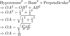 \text{Hypotenuse}^{2} = \text{Base}^{2} + \text{Perpendicular}^{2}\\\Rightarrow OA^{2} = OB^{2} + AB^{2}\\\Rightarrow OA^{2} = \frac{1}{3}^{2} + \frac{1}{4}^{2}\\\Rightarrow OA = \sqrt{\frac{1}{3}^{2} + \frac{1}{4}^{2}}\\\Rightarrow OA = \sqrt{\frac{4^2+3^2}{3^{2}.4^2 }}\\\Rightarrow OA = \frac{5}{12}