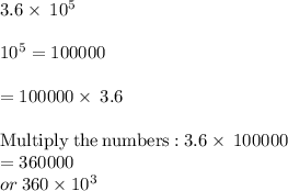 3.6\times\:10^5\\\\10^5=100000\\\\=100000\times\:3.6\\\\\mathrm{Multiply\:the\:numbers:}\:3.6\times\:100000\\=360000\\or\: 360\times 10^3