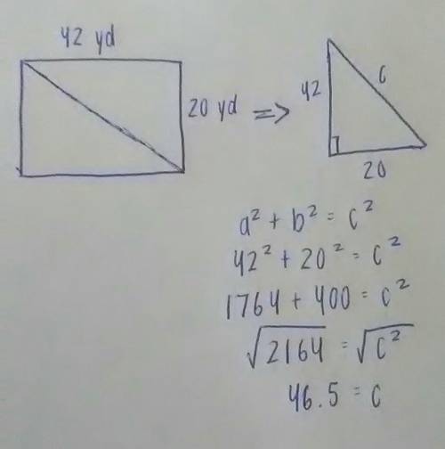 Arectangular garden has a length of 20 yards and a width of 42 yards. a diagonal path runs from one 