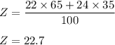 Z=\dfrac{22\times 65+24\times 35}{100}\\\\Z=22.7