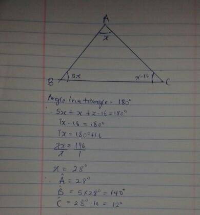 In triangle ABC, the size of angle B is 5 times the size of angle A, and the size of angle C is 16°