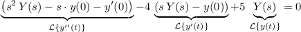 \underbrace{\left( s^2\, Y(s) - s\cdot y(0) - y^\prime(0)\right)}_{\mathcal{L}\left\lbrace y^{\prime\prime}(t) \right\rbrace} - 4\, \underbrace{(s\, Y(s) - y(0))}_{\mathcal{L}\left\lbrace y^{\prime}(t) \right\rbrace} + 5\, \underbrace{Y(s)}_{\mathcal{L}\left\lbrace y(t) \right\rbrace} = 0