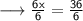 \longrightarrow{ \sf{ \frac{6x}{6}  =  \frac{36}{6}}}