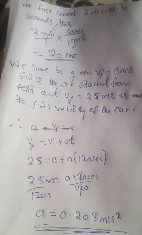 It takes a car 2 minute(s) to go from rest to 25 m/s east. What is the acceleration

of this car in