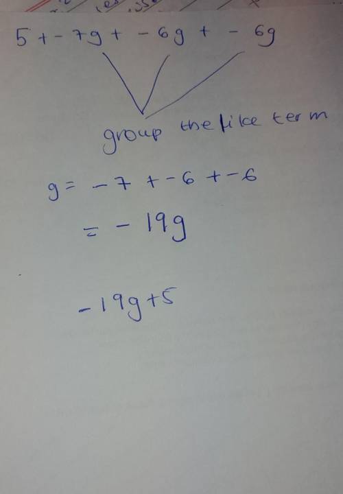 Simplify the expression: 5 + -7g + -6g + -6g