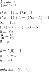 \left \{ {{y=5x-1} \atop {y=15x-1}} \right.  \\  \\ (5x-1)=15x-1 \\  (5x-1)+1=(15x-1)+1 \\  5x=15x \\  (5x)-5x=(15x)-5x \\ 0=10x \\   \frac{0}{10} = \frac{10x}{10x}   \\ 0=x \\  \\ y=5(0)-1 \\ y=0-1 \\ y=-1 \\  \\ solution:(0,-1)