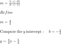 \\m=\frac{1-\left(-3\right)}{2-\left(-1\right)}\\\\Refine\\\\m=\frac{4}{3}\\\\\mathrm{Compute\:the\:}y\mathrm{\:intercept}:\quad b=-\frac{5}{3}\\\\y=\frac{4}{3}x-\frac{5}{3}\\