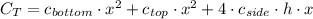 C_{T} = c_{bottom}\cdot x^{2}+c_{top}\cdot x^{2}+4\cdot c_{side}\cdot h\cdot x