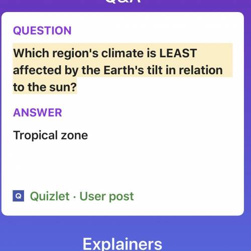 Which region's climate is least
affected by the earth tilt in relation
to the sun?